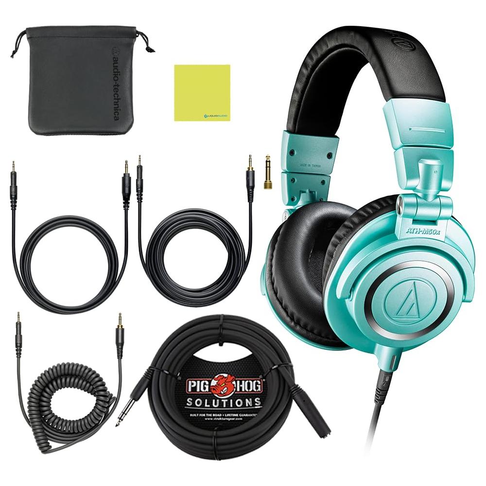 Audio Technica ATH-M50X Professional Studio Monitor Headphones Ice Blue Bundle w/Pig hog 25 Extension Cable & Liquid Polishing Cloth with Detachable Cable