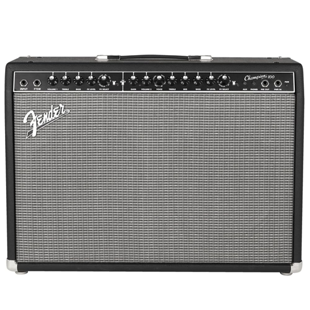 Fender Champion™ 100 Guitar Combo Amplifier, 120V, Black and Silver, 2330400000 Bundle w/Pig Hog PCH10BK “Black Woven” Instrument Cable, 12-Pack Guitar Picks & Liquid Audio Polishing Cloth