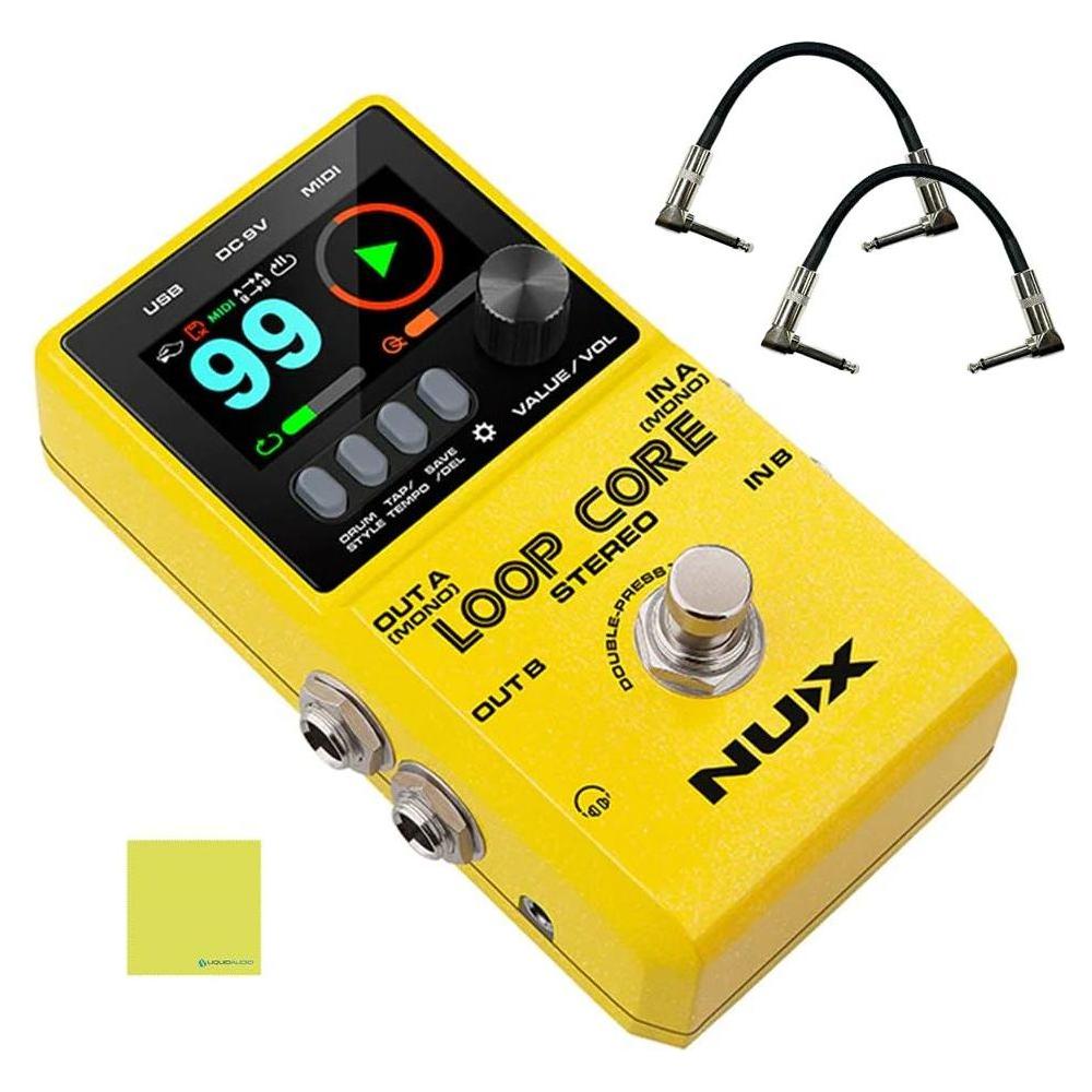 NUX Loop Core Stereo Guiter Looper Pedal Bundle w/ 2x Strukture S6P48 Woven Right Angle Patch Cables and Liquid Audio Polishing Cloth