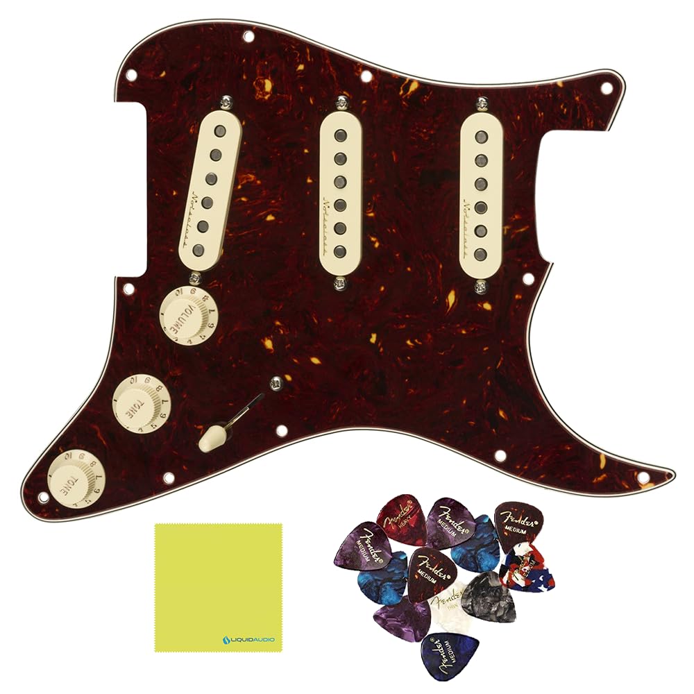 Fender Pre-Wired Strat® Pickguard, Vintage Noiseless SSS, Tortoise Shell - 0992344500 Bundle w/ 12-Pack Guitar Pick and Liquid Audio Polishing Cloth