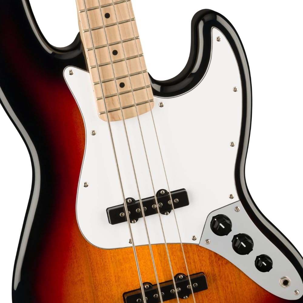 Squier Affinity Series™ Jazz Bass® Guitar, Maple Fingerboard, 3-Color Sunburst, 0378602500 Bundle w/ 12-Pack Guitar Pick and Liquid Audio Polishing Cloth