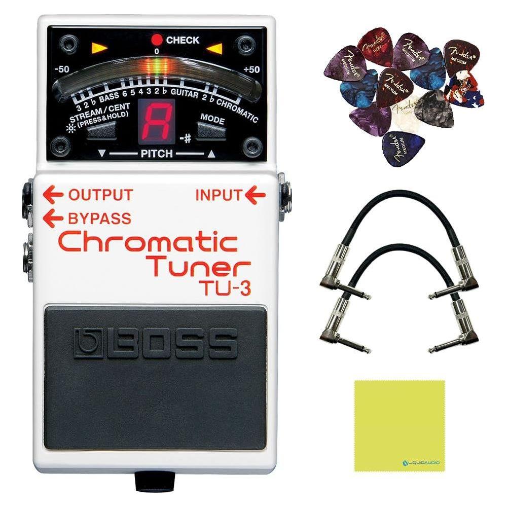 Boss TU-3 Chromatic Tuner Pedal with Bypass Bundle w/2x Strukture S6P48 Woven Right Angle Patch Cables, 12x Guitar Picks and Liquid Audio Polishing Cloth