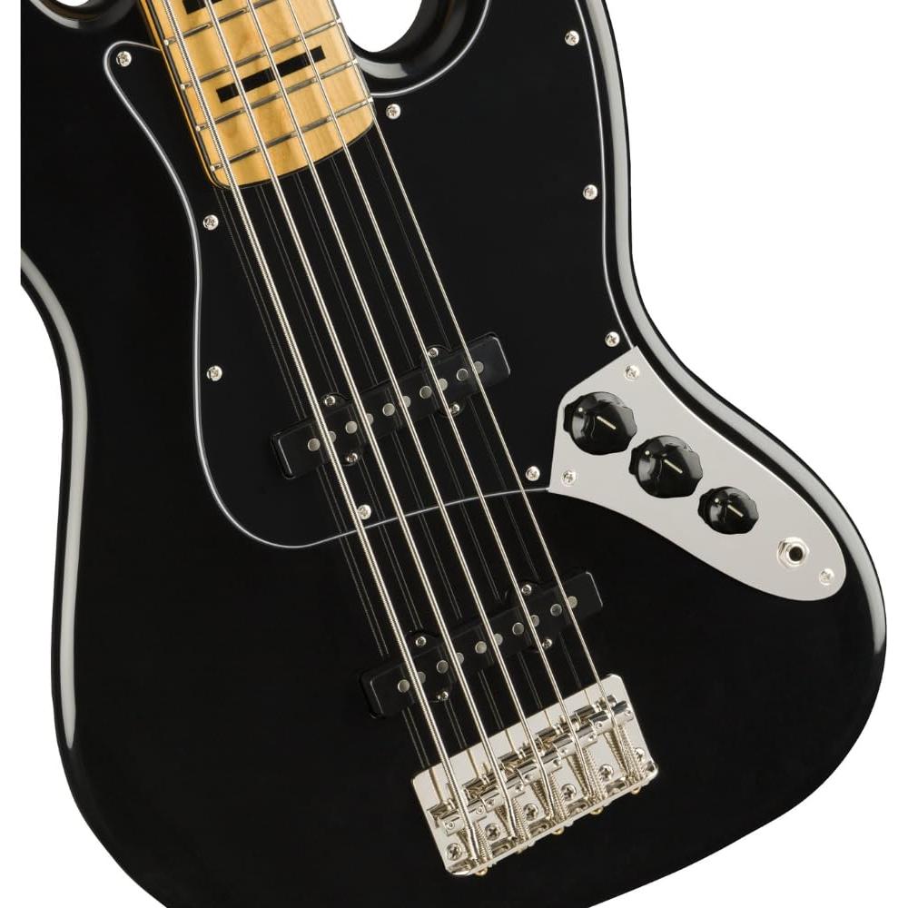 Fender Jazz Bass V Squier Classic Vibe '70s, Maple Fingerboard, Black Bundle with 12x Fender Guitar Picks & Liquid Audio Instrument Polishing Cloth