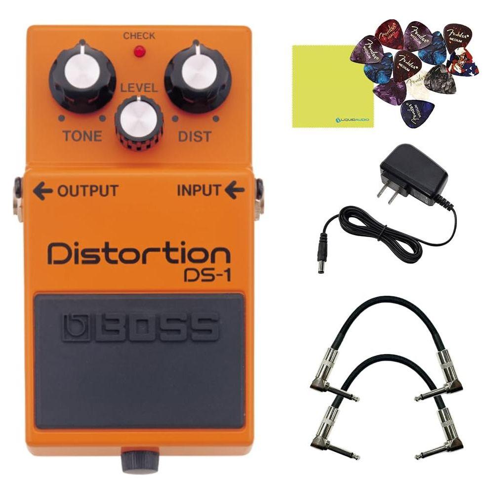 Boss DS-1 Distortion Pedal Bundle w/2x Strukture S6P48 Woven Right Angle Patch Cables, 12x Guitar Picks, 9V Power Adapter and Liquid Audio Polishing Cloth