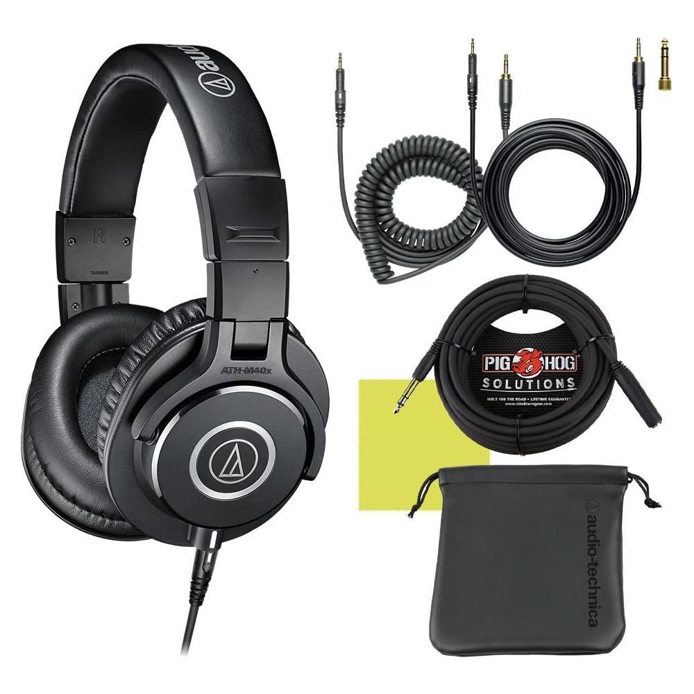 Audio Technica ATH-M40x Professional Studio Monitor Headphone Bundle with Detachable Cables, Pig hog 25 Extension Cable, Detachable Cables, Screw-on 1/4 Adapter & Liquid Audio Polishing Cloth