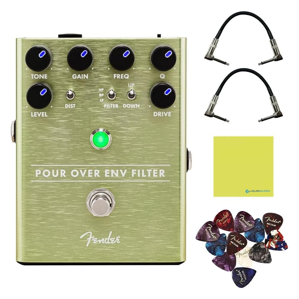 Fender Pour Over Envelope Filter Effects Pedal Bundle w/2x Strukture S6P48 Woven Right Angle Patch Cables, 12x Guitar Picks and Liquid Audio Polishing Cloth