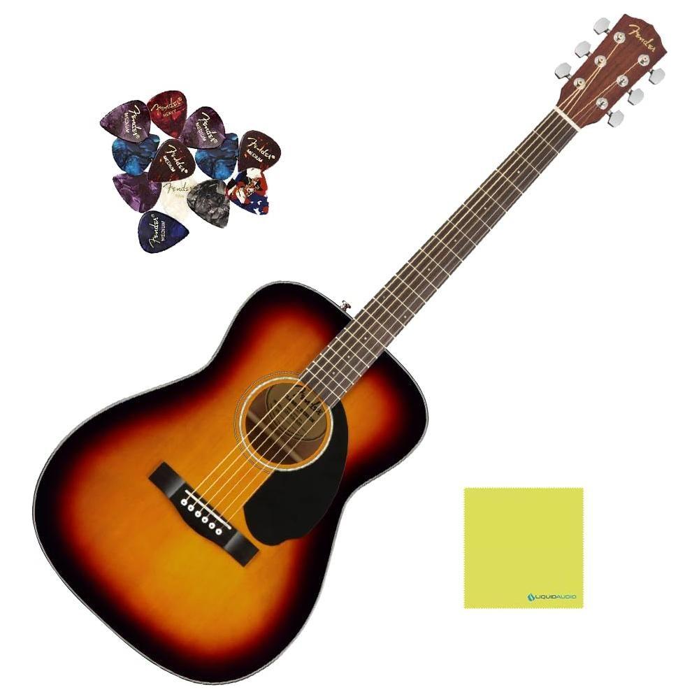 Fender CC-60S Concert Acoustic Guitars, Walnut Fingerboard, 3-Color Sunburst Bundle w/ 12x Guitar Picks, and Liquid Audio Polishing Cloth