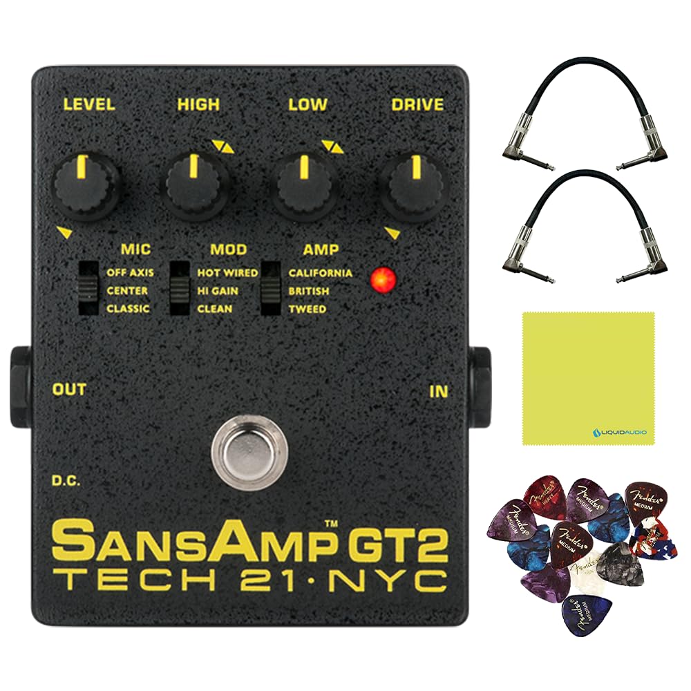 Tech 21 SansAmp GT2 Tube Amp Emulator Pedal Bundle w/ 2-Pack Strukture S6P48 Woven Right Angle Patch Cables, 12-Pack Guitar Picks and Liquid Audio Polishing Cloth