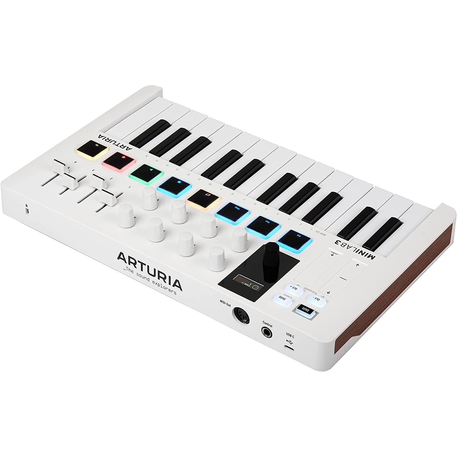 Arturia MiniLab 3 MIDI Keyboard Controller Bundle with Deluxe Sustain Pedal, USB Cable & Liquid Audio Polishing Cloth - 25 Key MIDI Keyboard for Recording Studio Equipment, Software Included (WHITE)