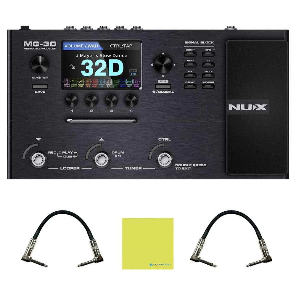 NUX MG30 Guitar Multi-Effects Pedal Guitar/Bass/Acoustic Amp Modeler Bundle w/ 2x Strukture S6P48 Woven Right Angle Patch Cables and Liquid Audio Polishing Cloth