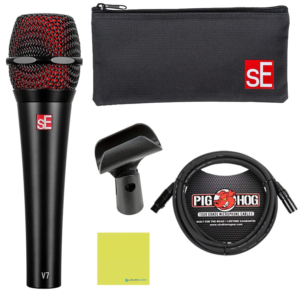 Liquid Audio sE Electronics V7 Supercardioid Dynamic Vocal Microphone in Black Finish Bundle w/Pig Hog PHM10 8mm Mic Cable Polishing Cloth