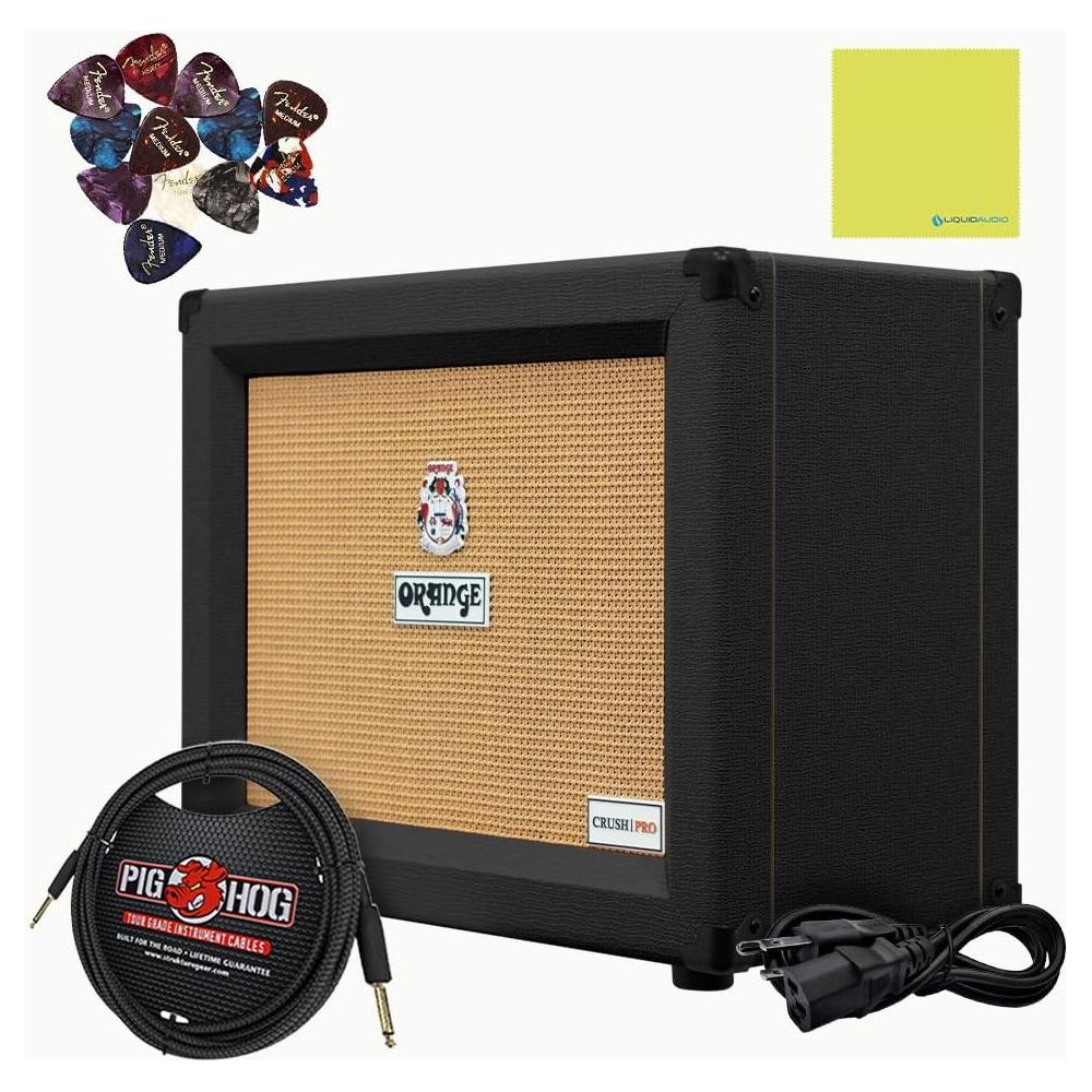 Orange CR60C-BK Crush Pro 60-watt Combo Amp, Black Bundle w/Pig Hog PCH10BK Black Woven Instrument Cable, 12-Pack Guitar Picks & Liquid Audio Polishing Cloth