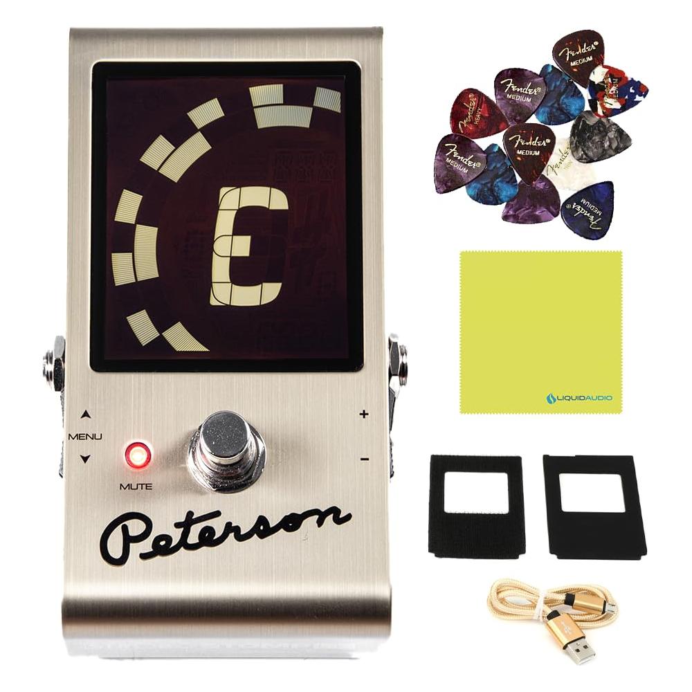 Peterson Strobe Tuner StroboStomp LE 75th Anniversary Edition Tuner Pedal Bundle with 12x Fender Guitar Picks & Liquid Audio Instrument Polishing Cloth