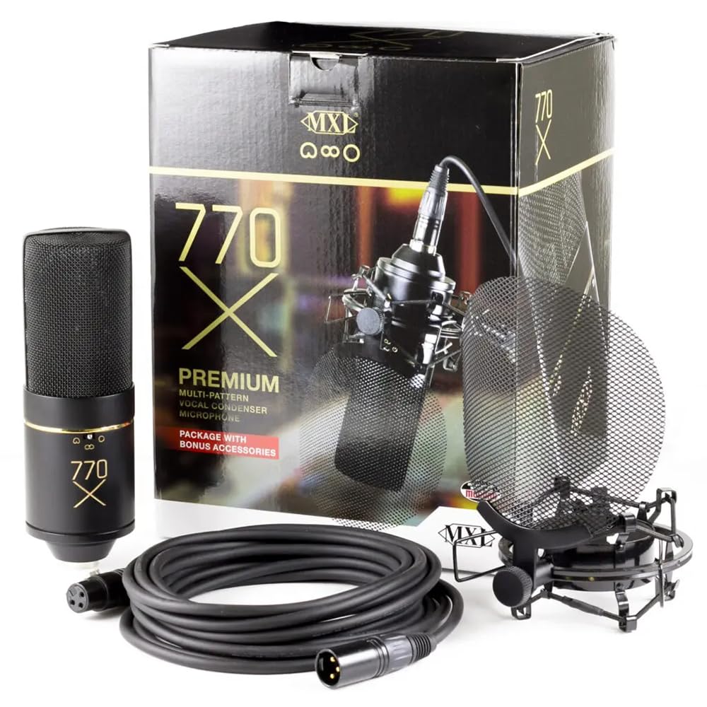 Liquid Audio MXL 770X Multi-Pattern Condenser Microphone Kit Bundle w/Pig Hog PHM10 8mm Mic Cable, Pop Filter Polishing Cloth