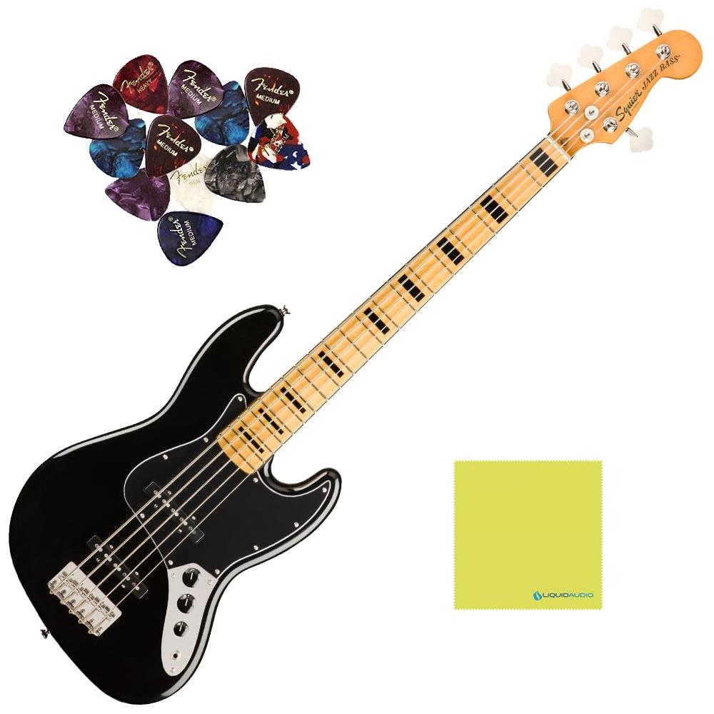 Fender Jazz Bass V Squier Classic Vibe '70s, Maple Fingerboard, Black Bundle with 12x Fender Guitar Picks & Liquid Audio Instrument Polishing Cloth