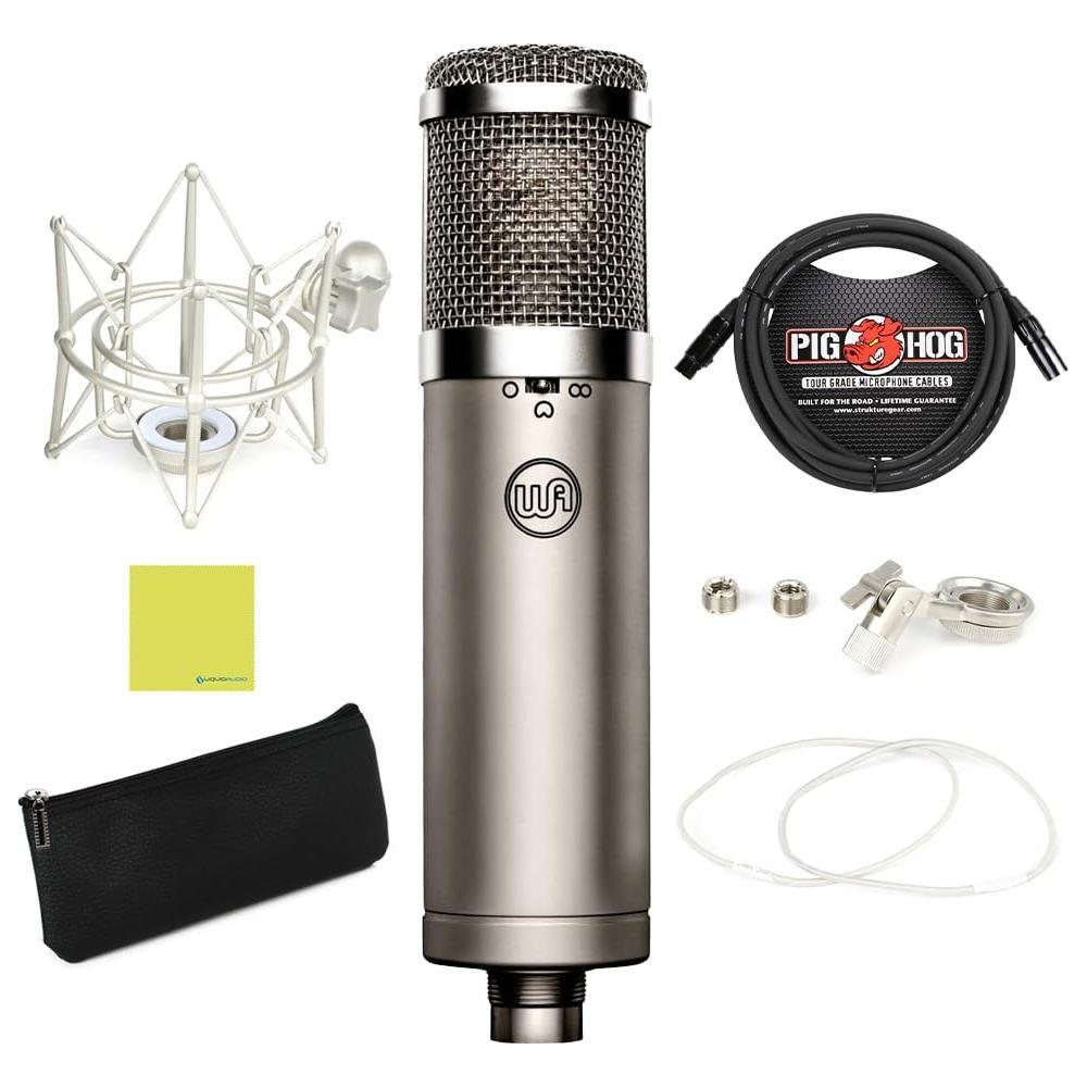 Liquid Audio Warm Audio WA-47jr FET Large-Diaphragm Condenser Microphone, Nickel Bundle w/Pig Hog PHM10 Mic Cable, Shock Mount, Mic Leather Bag Polishing Cloth