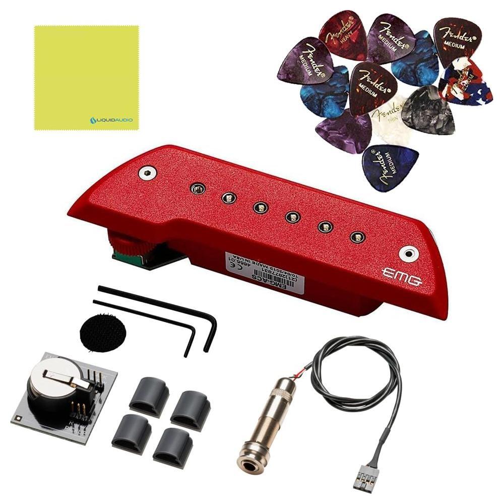 EMG ACS Acoustic Guitar Soundhole Pickup Red Bundle w/ 12x Guitar Picks and Liquid Audio Polishing Cloth