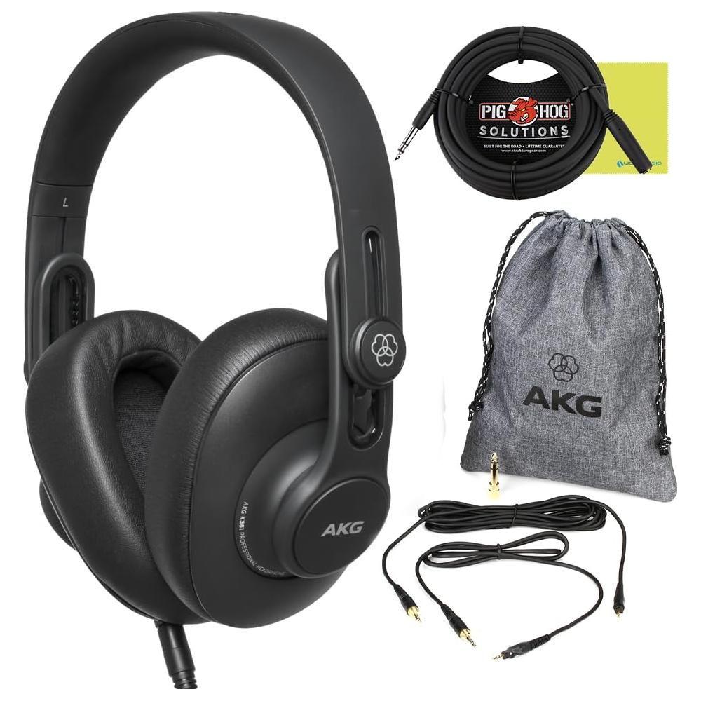 Liquid Audio AKG K361 Over-Ear, Closed-Back, Foldable Studio Headphones Bundle w/Pig Hog PHX14-25 Headphone Extension Cable, 1/4" Polishing Cloth