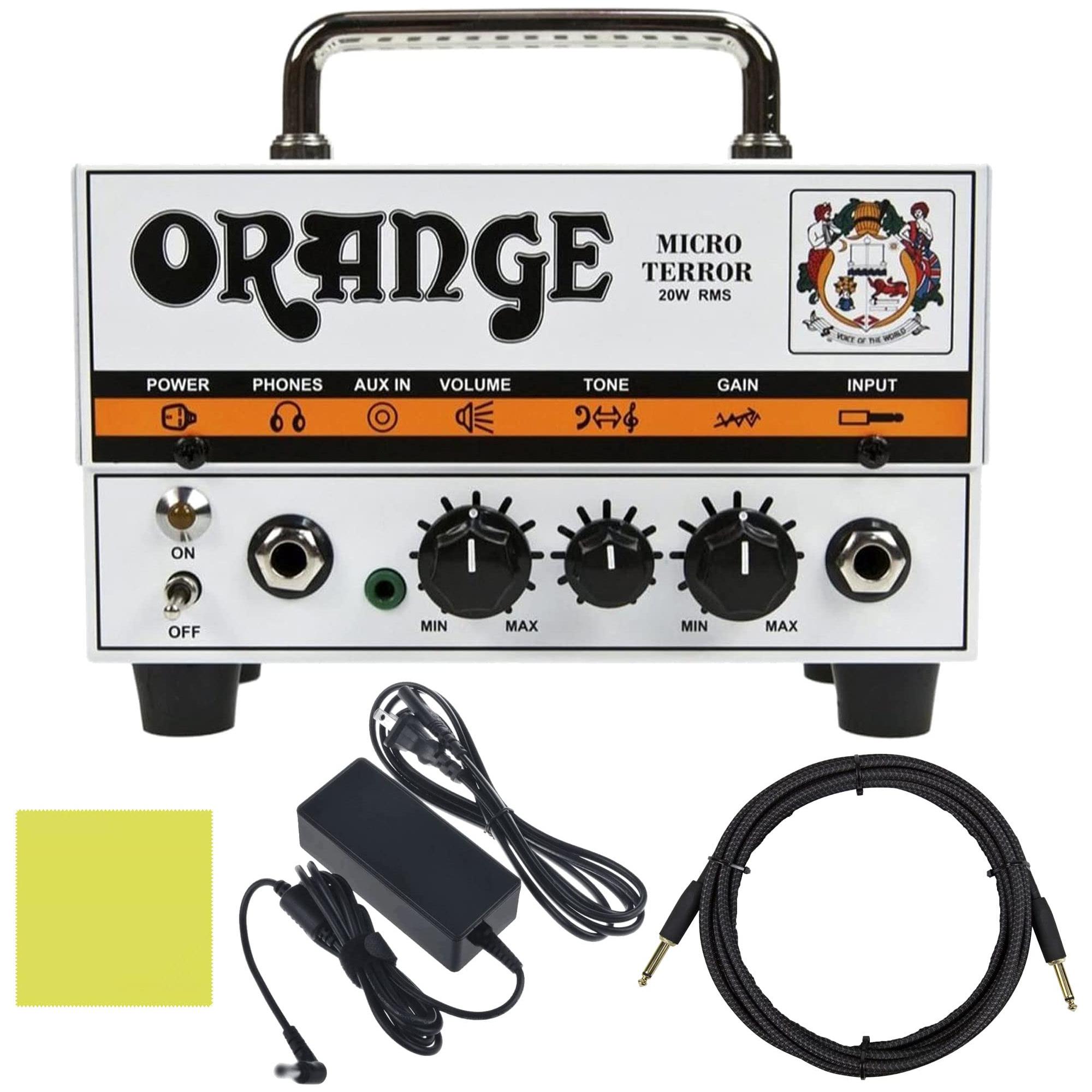 Orange MT20 Micro Terror 20-Watt Mini Hybrid Guitar Amplifier Head Bundle w/ 10' Pig Hog Woven Instrument Cable, Power Supply and Liquid Audio Polishing Cloth (4 Items)