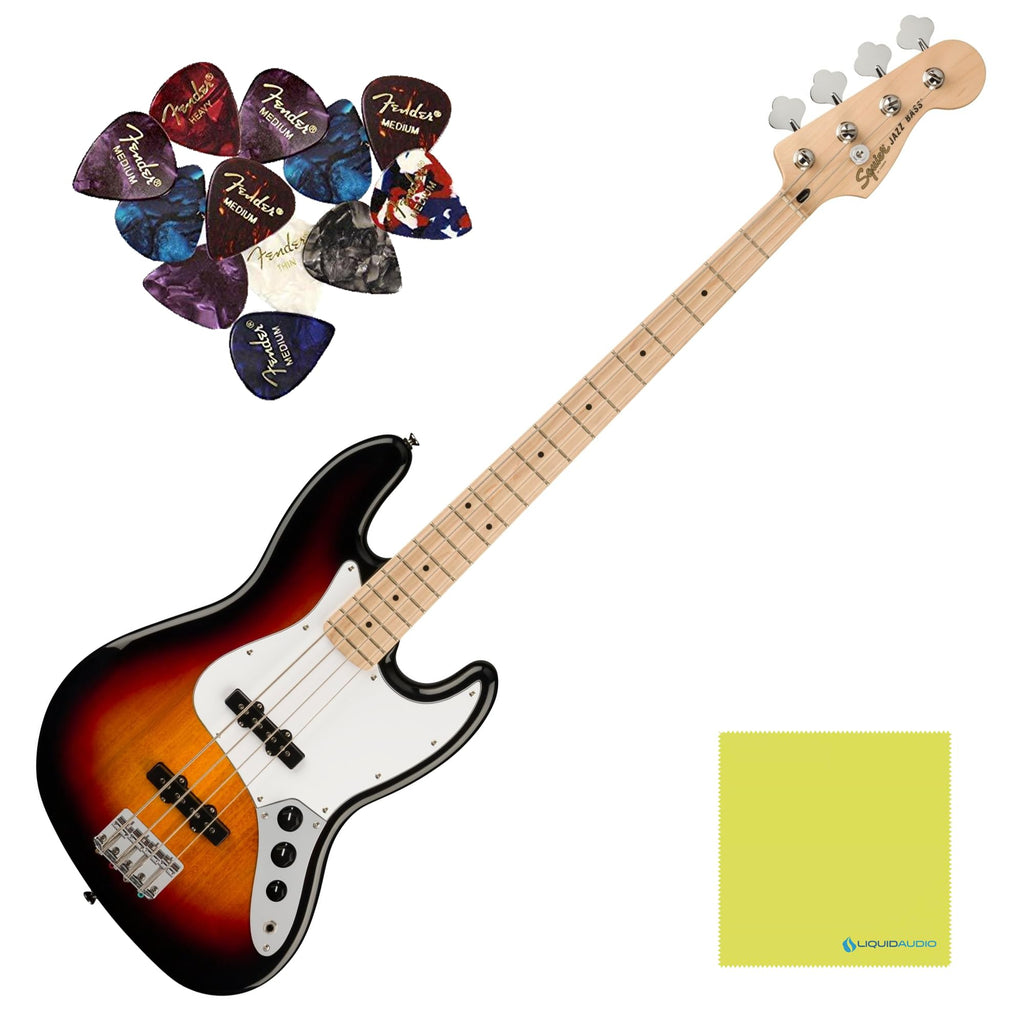 Squier Affinity Series™ Jazz Bass® Guitar, Maple Fingerboard, 3-Color Sunburst, 0378602500 Bundle w/ 12-Pack Guitar Pick and Liquid Audio Polishing Cloth