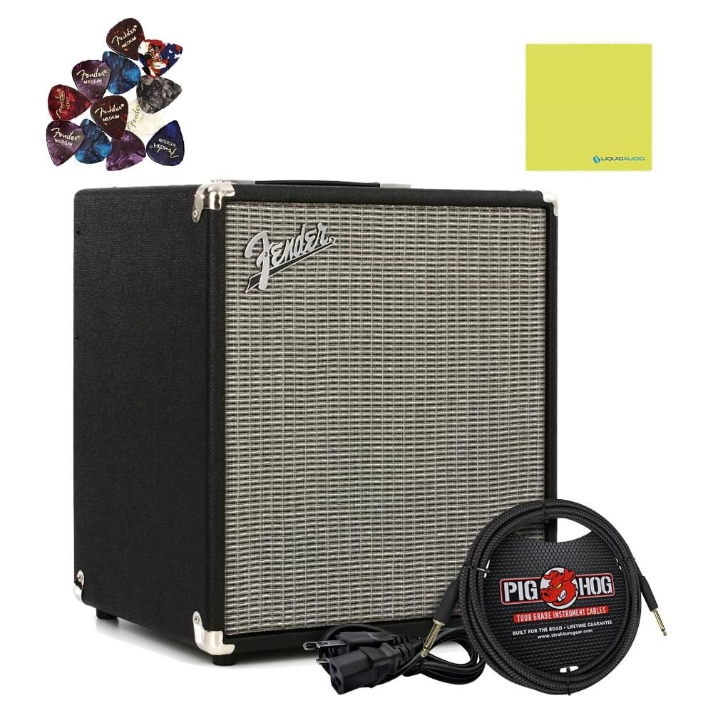 Fender Rumble 100 Bass Amplifier Bundle w/Pig Hog PCH10BK Black Woven Instrument Cable, Power Cable, 12x Fender Picks and Liquid Audio Polishing Cloth