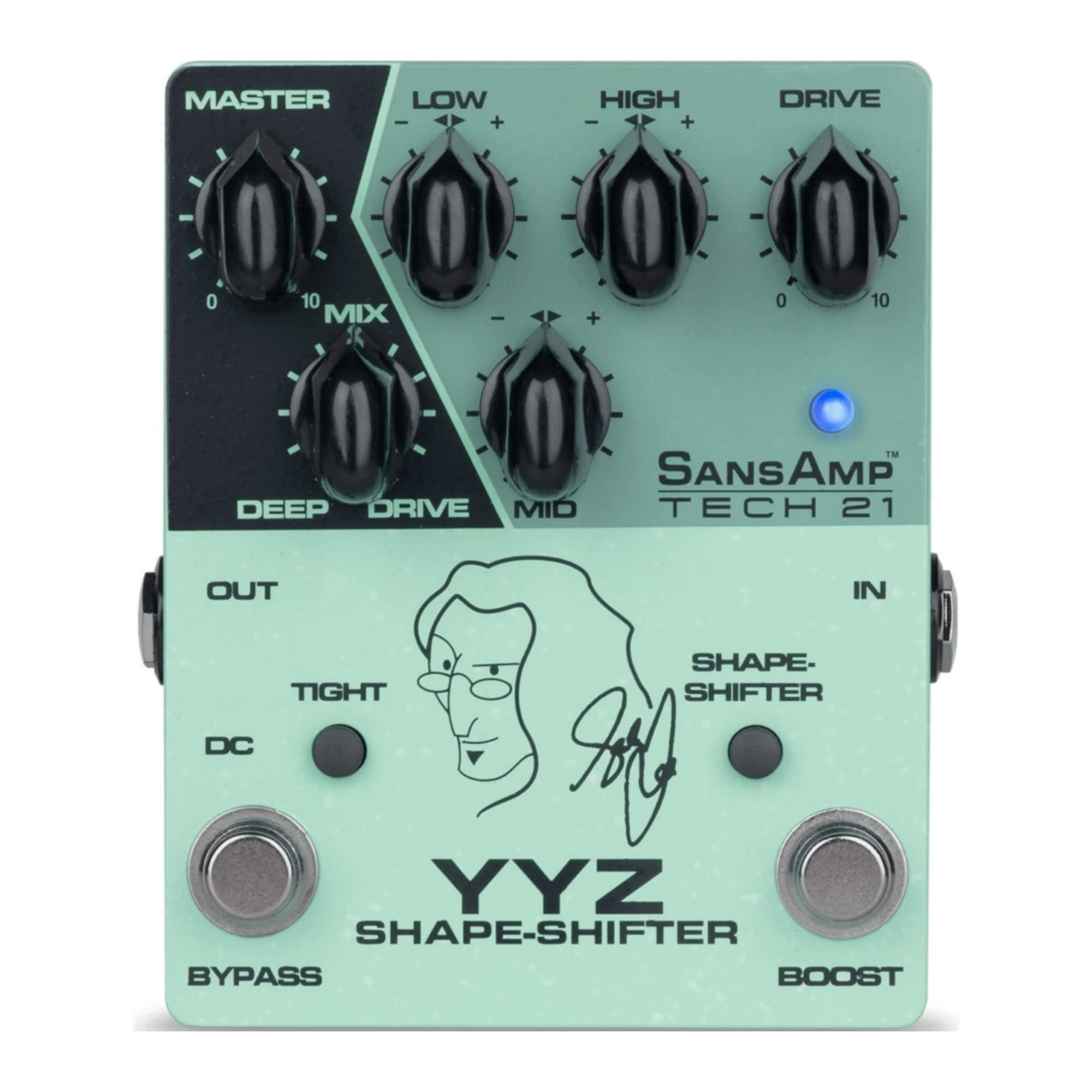 Tech 21 YYZ Geddy Lee Shape-Shifter Signature SansAmp Pedal with 12dB Boost Stomp Switch, Mix Control, and 3-Band Active EQ