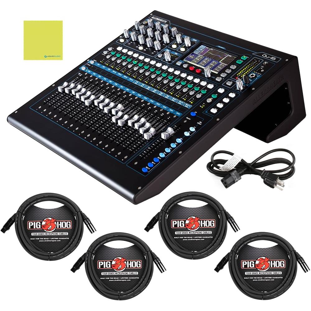 Allen &Heath AH-QU-16C Rack Mountable Compact Digital Mixer, Chrome Edition Bundle w/ 4-Pack Pig Hog PHM15 Pig Hog 8mm Mic Cable, Power Cable and Liquid Audio Polishing Cloth