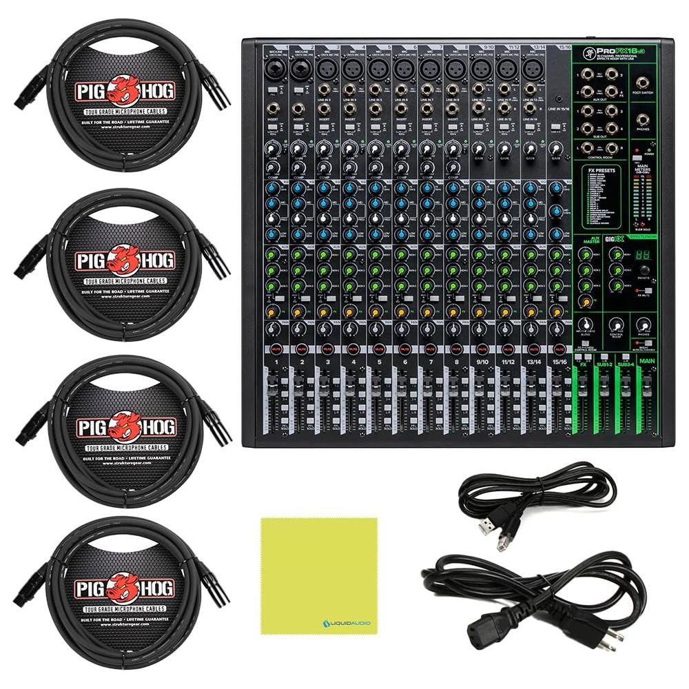 Mackie ProFX16v3 16-Channel Professional Analog Mixer with USB Bundle w/ 4-Pack Pig Hog PHM15 Pig Hog 8mm Mic Cable, Power Cable and Liquid Audio Polishing Cloth