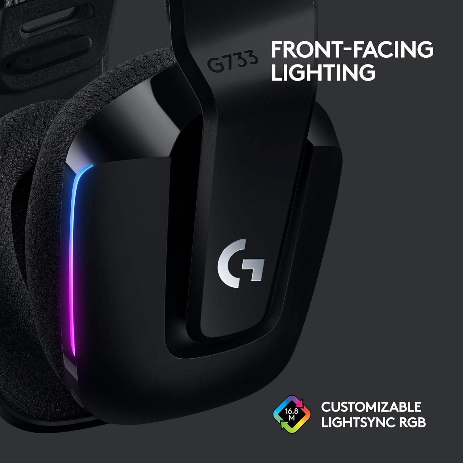 Logitech G733 Lightspeed Wireless Gaming Headset with Suspension Headband, Lightsync RGB, Blue VO!CE mic technology and PRO-G audio drivers - Black