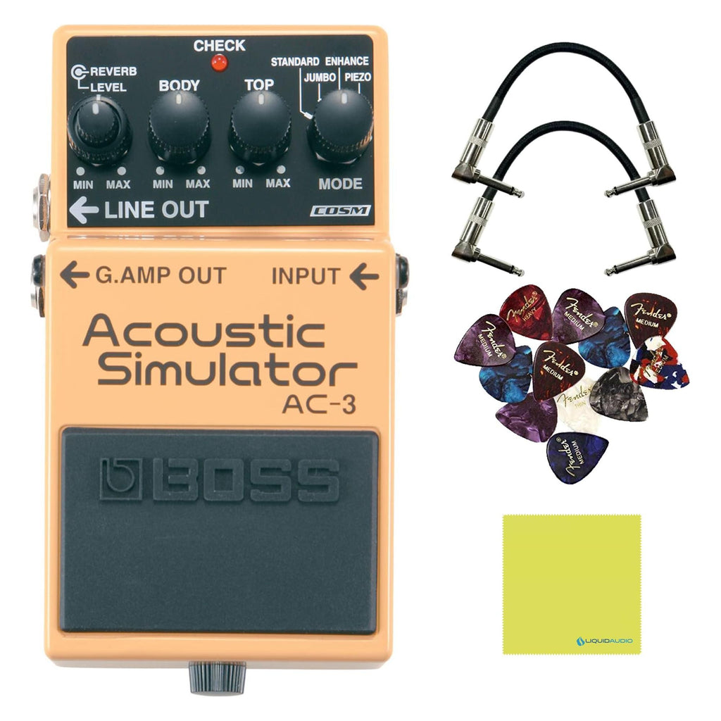 Boss AC-3 Acoustic Simulator Pedal Bundle w/ 2-Pack Strukture S6P48 Woven Right Angle Patch Cable, 12-Pack Guitar Pick and Liquid Audio Polishing Cloth