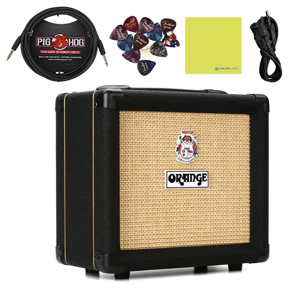 Orange Amps Crush 12-12W 1x6 Guitar Combo Amp Black Bundle w/Pig Hog Black Woven Instrument Cable, Power Supply AC Adapter, 12x Fender Picks & Liquid Audio Polishing Cloth