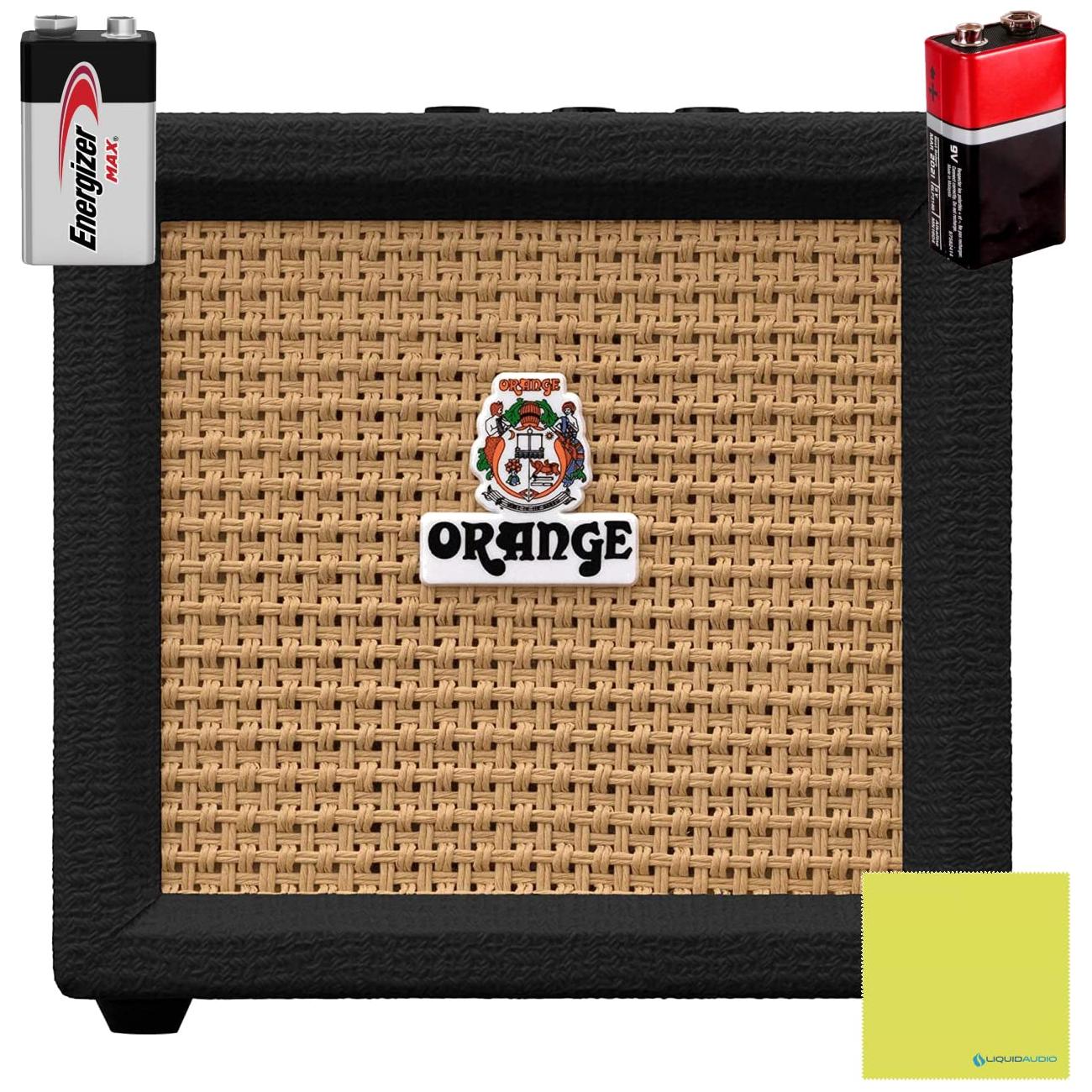 Orange Amplification Crush Mini 3-Watt Battery Powered Guitar Combo Amplifier (Black) Bundle w/ 2 Batteries & Liquid Audio Polishing Cloth (4 Items)