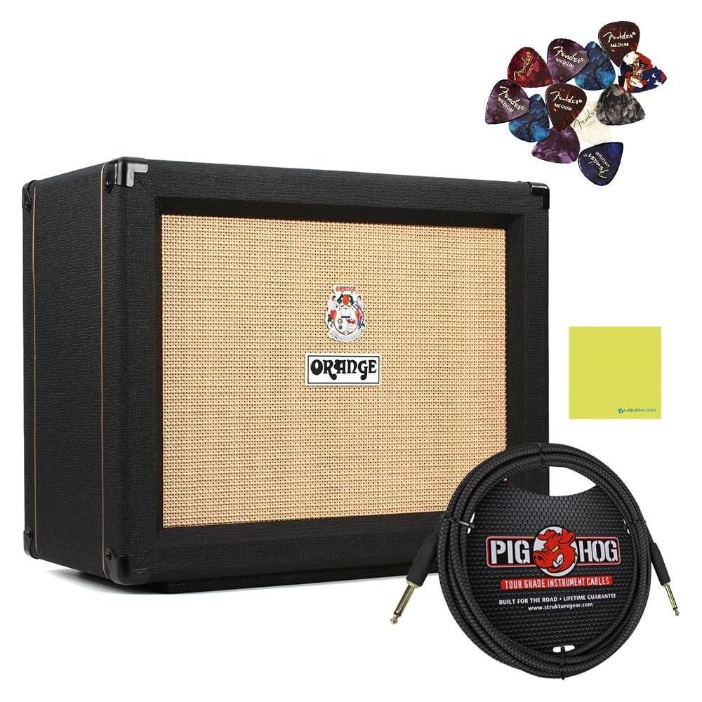 Orange PPC112C 60W Guitar Speaker Cabinet with 1x12" Celestion Vintage 30, Black Bundle w/Pig Hog Black Woven Instrument Cable, 12-Pack Guitar Picks & Liquid Audio Polishing Cloth