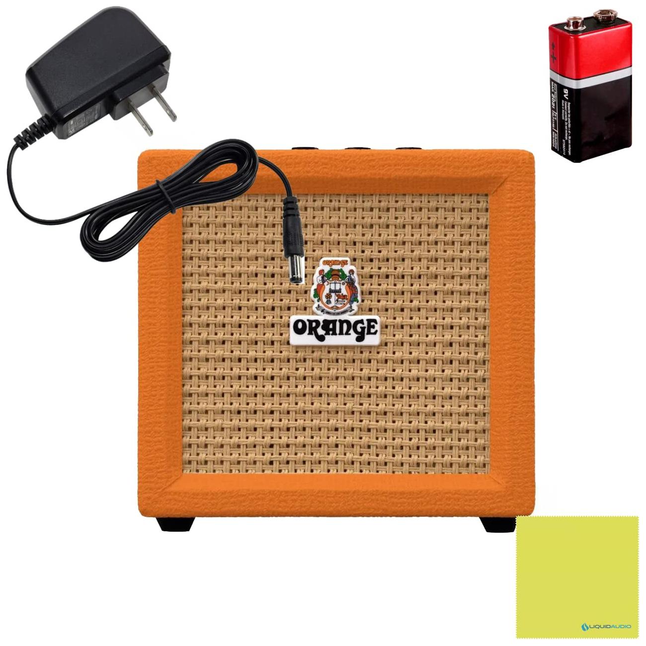 Orange Crush Amp Mini 3W Analogue Combo Battery Powered Amp Bundle with AC Power Adapter, 9V Battery & Polishing Cloth - Electric Bass Guitar Amp, Portable Practice Amp, Mini Speaker Amplifier