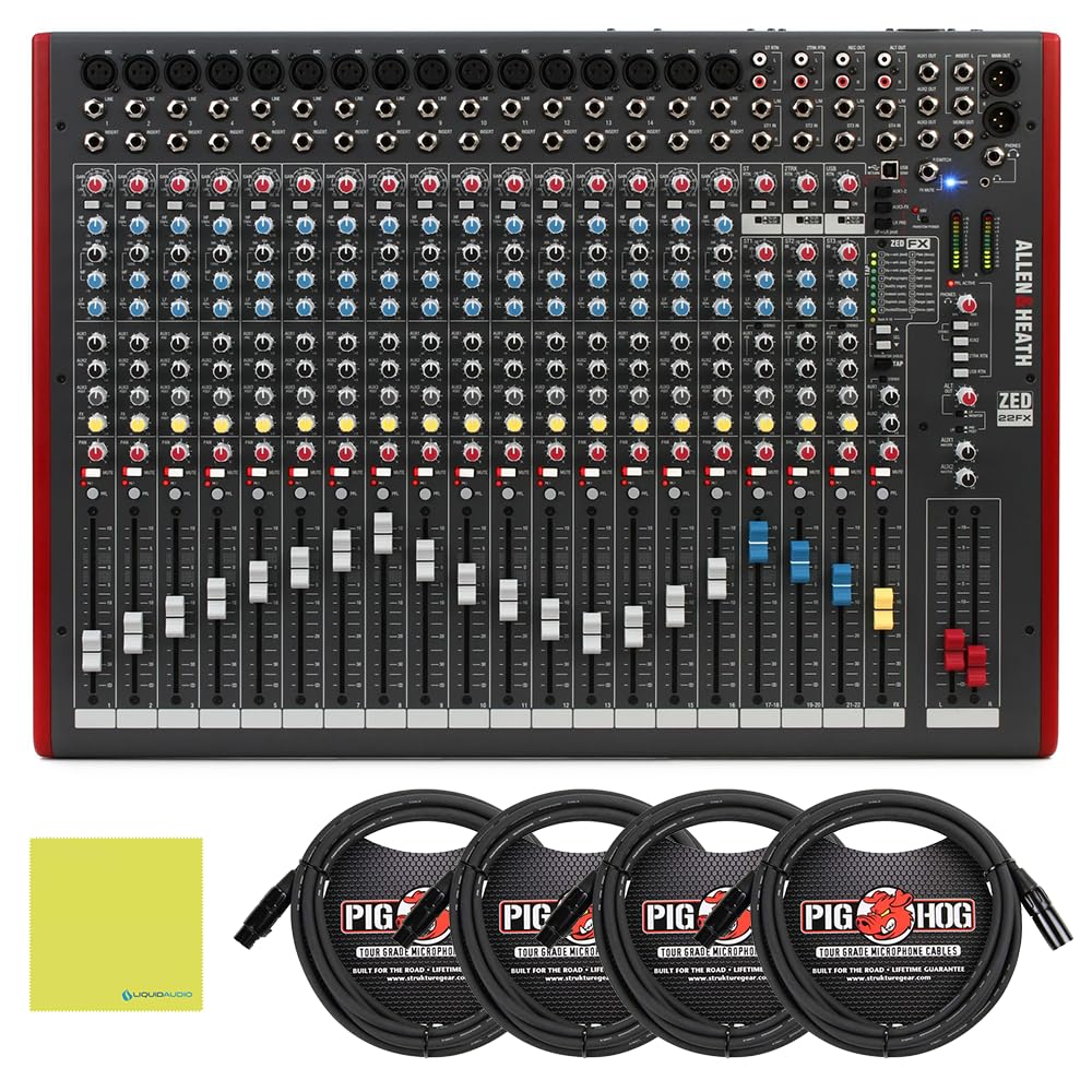 Allen & Heath ZED-22FX Multipurpose Mixer with FX for Live Sound and Recording Bundle w/ 4-Pack Pig Hog PHM10 8mm Mic Cable and Liquid Audio Polishing Cloth