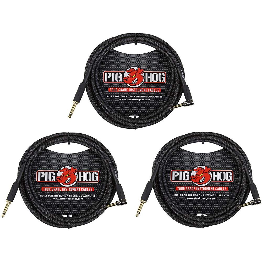 Pig Hog PC-H10BKR 1/4" Right-Angle to 1/4" Black Woven Guitar Instrument Cable, 10 Feet (3-Pack)