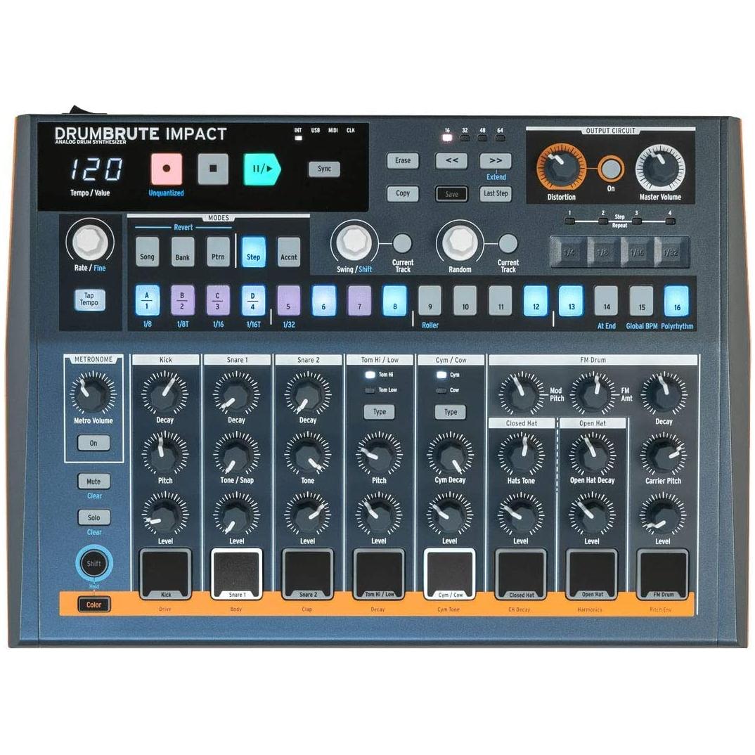 Arturia DrumBrute Impact Analog Drum Machine BUNDLE with 2x Pig Hog MIDI Cable 6ft, Power Supply, and Polishing Cloth - Beat Making Equipment with 10 Drum Sounds, 64 Patterns with 64 Steps