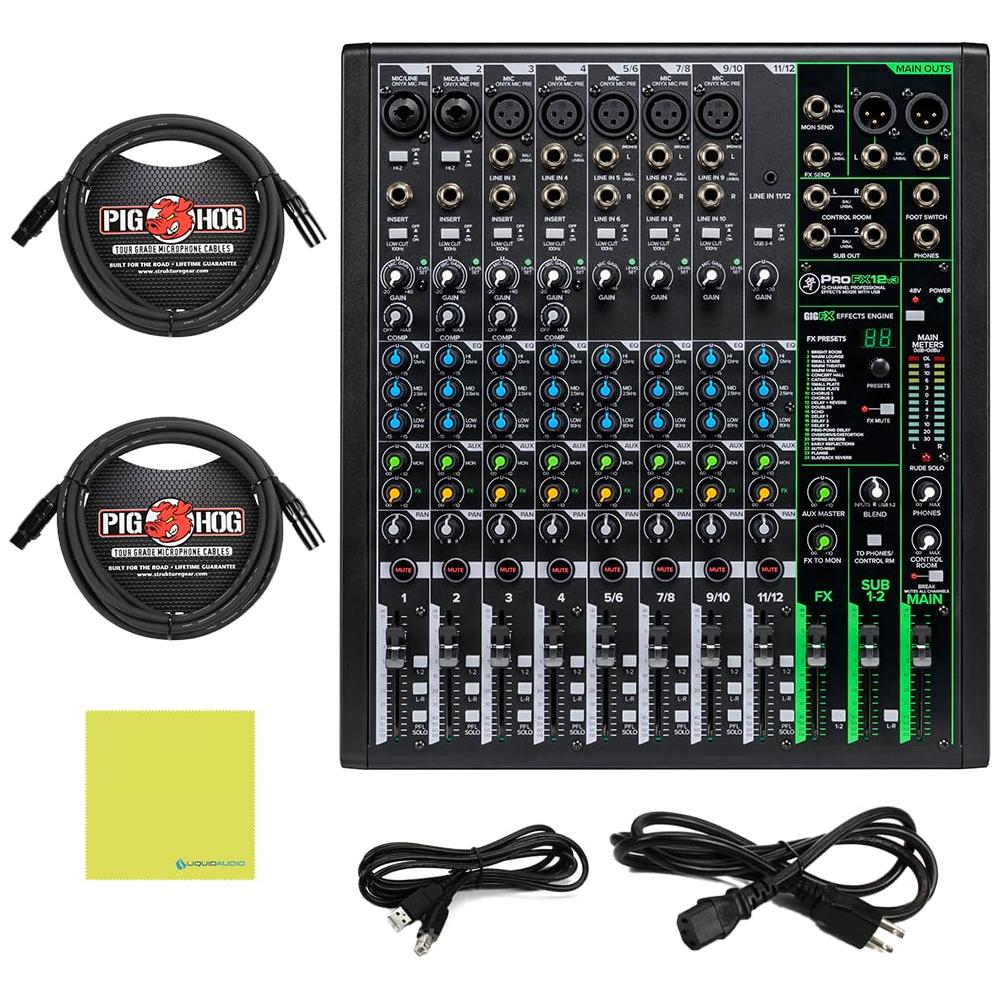 Mackie ProFX12v3 12-Channel Analog Mixer with USB Bundle w/ 2-Pack Pig Hog PHM15 Pig Hog 8mm Mic Cable, Power Cable and Liquid Audio Polishing Cloth