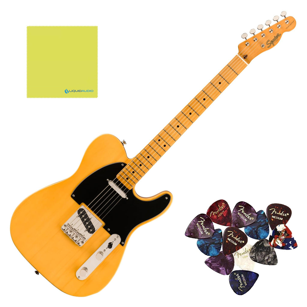 Squier Classic Vibe '50s Telecaster®, Maple Fingerboard, Butterscotch Blonde - 0374030550 Bundle w/ 12-Pack Guitar Pick and Liquid Audio Polishing Cloth