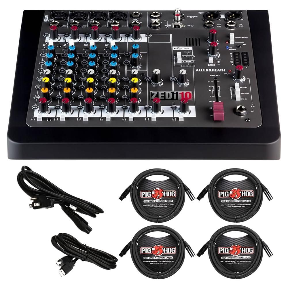 Allen & Heath AH-ZEDi-10 Hybrid Compact Audio Mixer/USB Interface Bundle w/ 4-Pack Pig Hog PHM15 Mic Cable, Power Cable, USB Cable & Liquid Audio Polishing Cloth