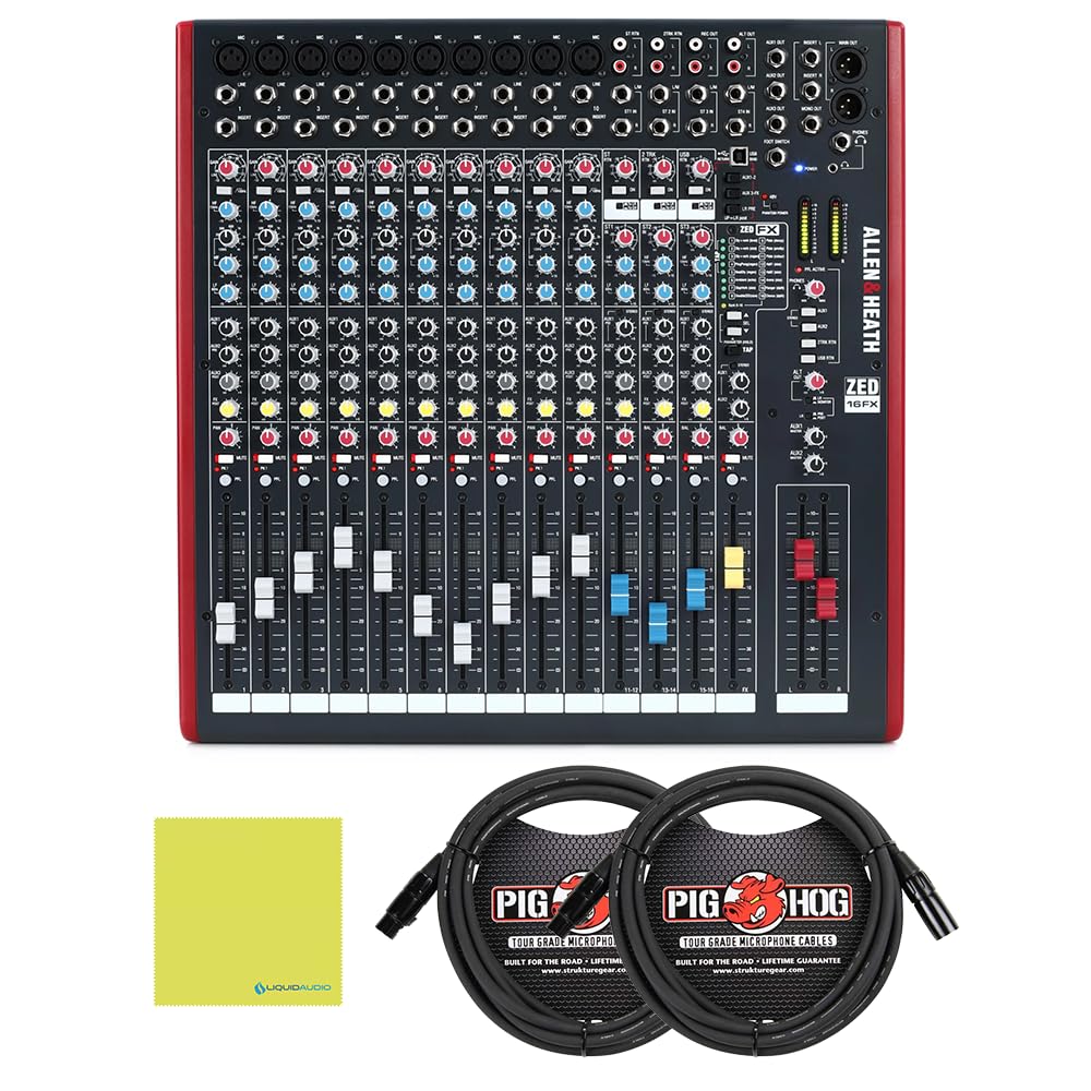 Allen & Heath ZED-16FX Multipurpose Mixer with FX for Live Sound and Recording Bundle w/ 2-Pack Pig Hog PHM10 8mm Mic Cable and Liquid Audio Polishing Cloth.