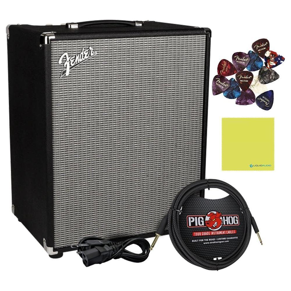 Fender Rumble 200 Bass Amplifier Bundle w/Pig Hog PCH10BK Black Woven Instrument Cable, Power Cable, 12x Fender Picks and Liquid Audio Polishing Cloth