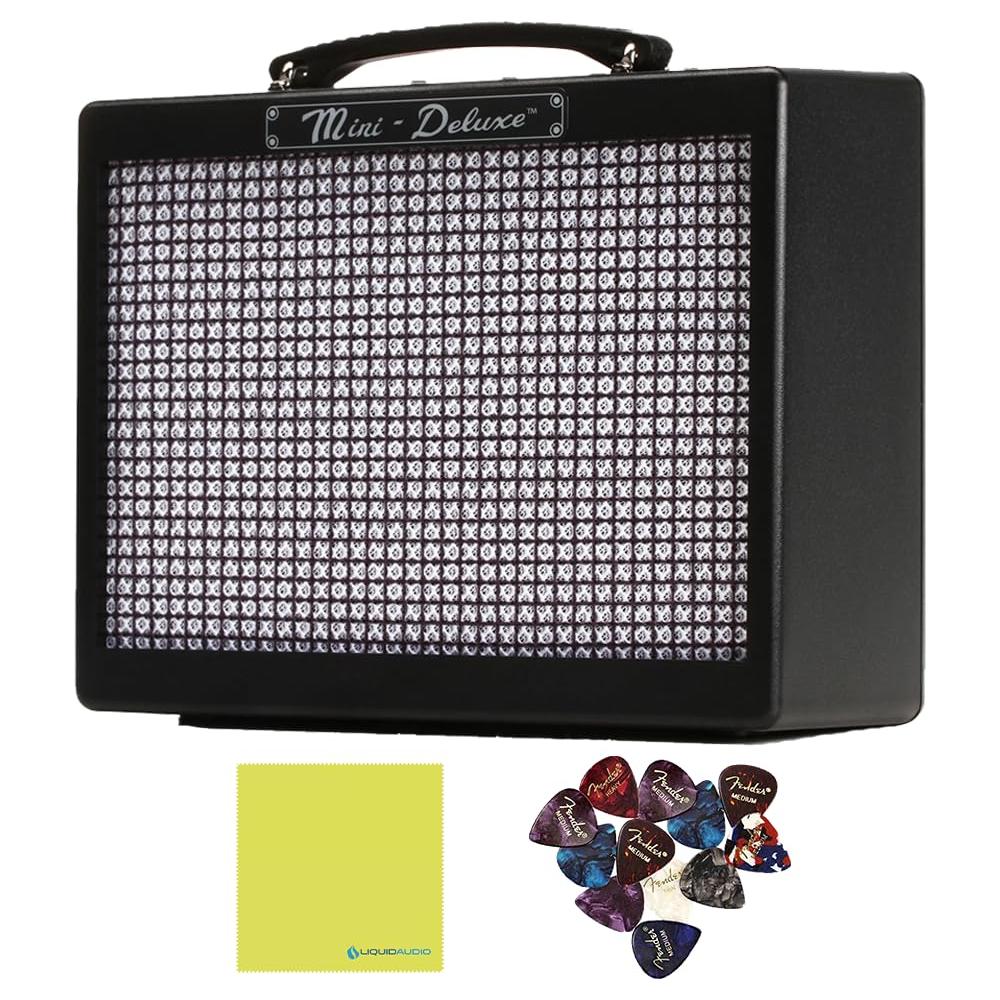 Fender MD20 Mini Deluxe™ Guitar Amp Kit with 12 Fender Guitar Picks and Liquid Audio Polishing Cloth - Portable Mini Guitar Amp, 3inch Mini Speaker for Busking Amp, Jamming, Musical Adventures