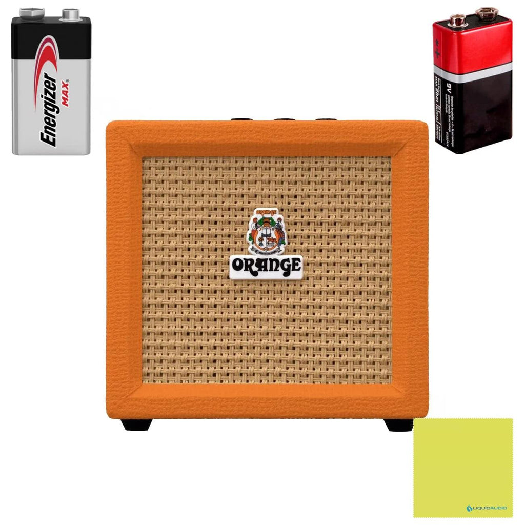 Orange Crush Amp Mini 3W Analogue Combo Battery Powered Amp Bundle with 2 Batteries & Liquid Audio Polishing Cloth - Electric Bass Guitar Amp, Portable Practice Amp, Mini Speaker Amplifier