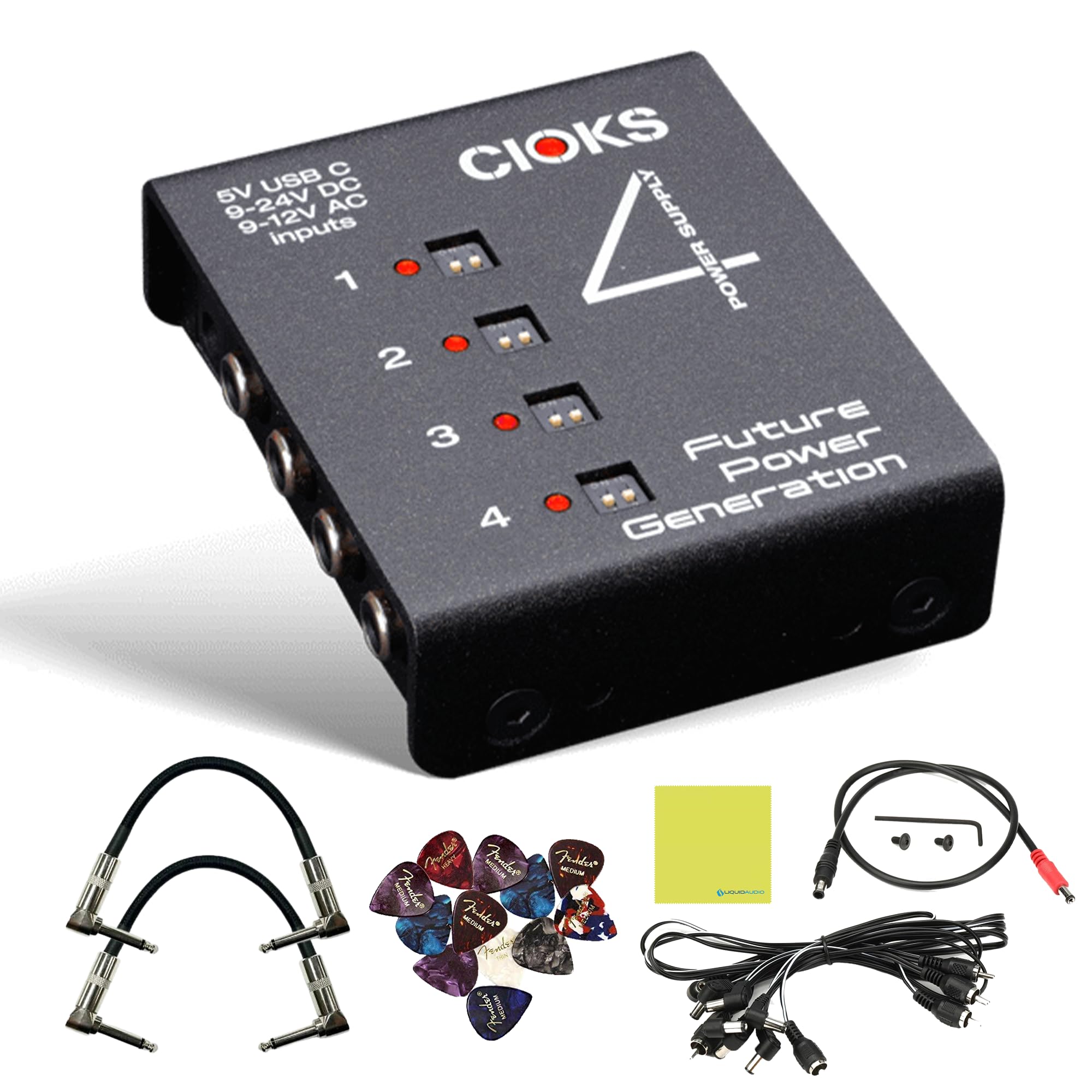 CIOKS C4E 4-output Expander Power Supply Bundle w/ 2-Pack Strukture S6P48 Woven Right Angle Patch Cable, 12-Pack Guitar Pick and Liquid Audio Polishing Cloth