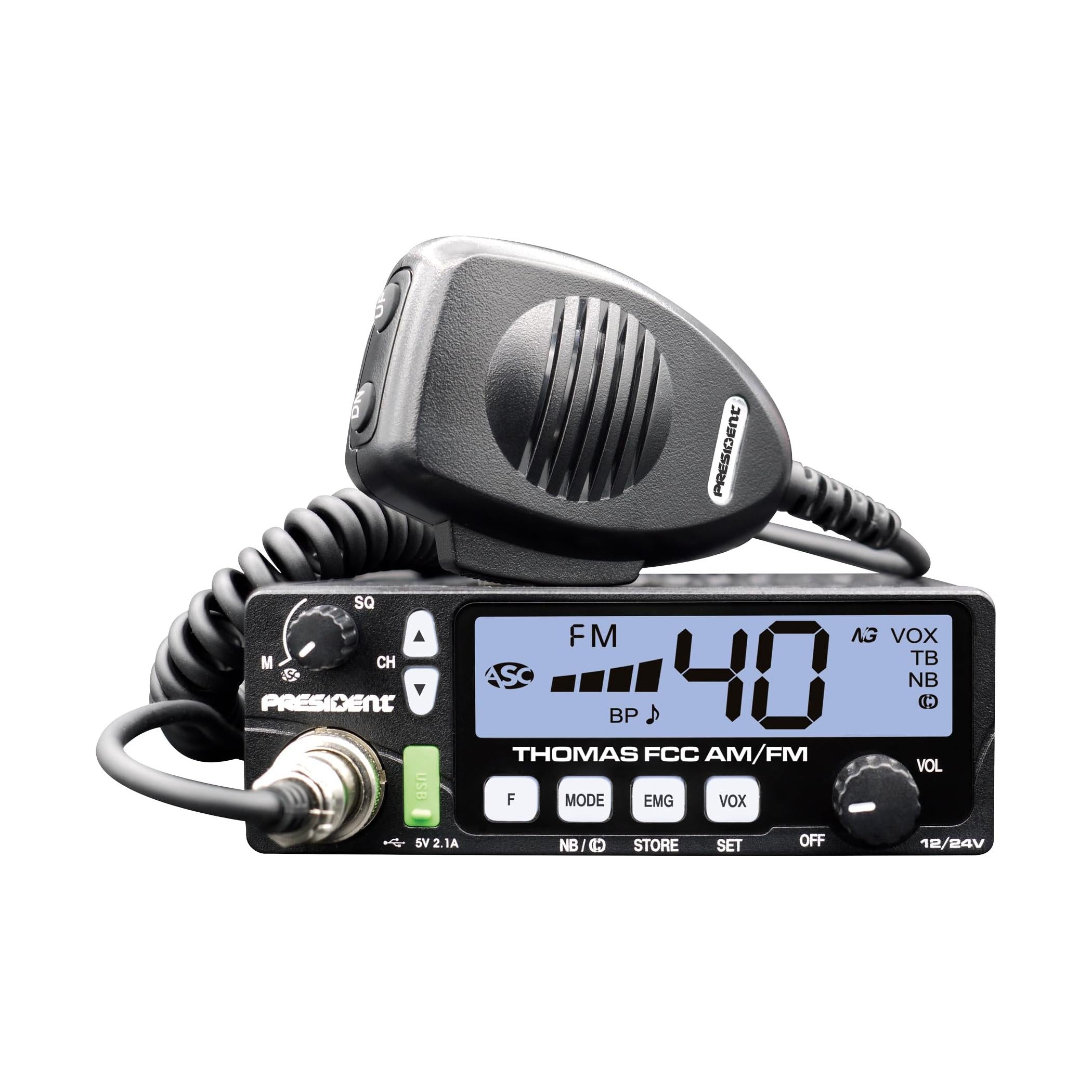 President Electronics Thomas FCC 40-Channel AM/FM Radio, Black; 12/24 V, Up/Down Channel Selector, Volume Adjustment, Manual Squelch and ASC, Multi-Functions LCD Display, Mode Switch AM/FM