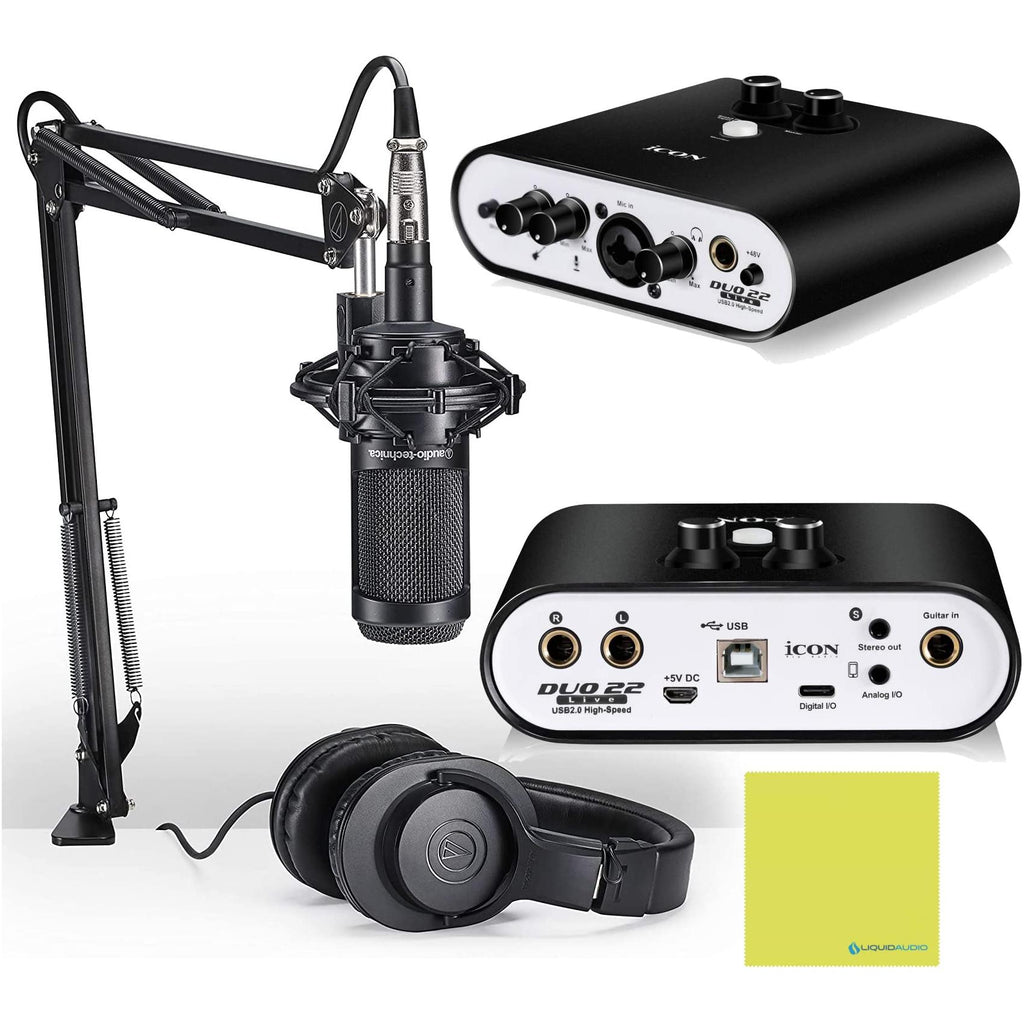 Audio Technica AT2035PK Condenser Microphone for Studio, Podcasting & Streaming Bundle with Icon Portable USB Interface for Windows, Mac or iOS. Includes Boom Arm, Shock, Headphones & Cloth