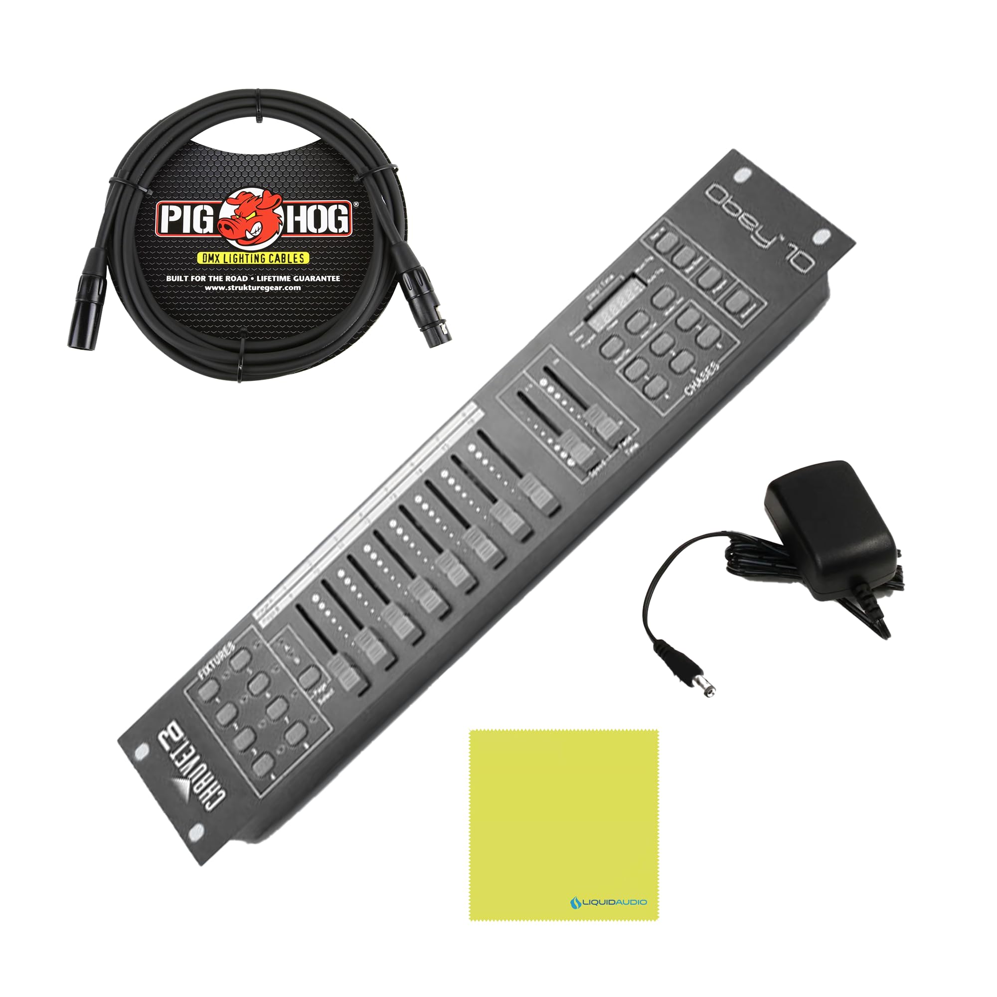 Chauvet Obey 10 Compact Rackmount DMX Controller Bundle w/Pig Hog PHDMX10 Lighting Cable and Liquid Audio Polishing Cloth