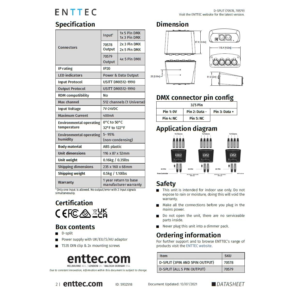 Enttec D-Split 70578 DMX 4 Port Isolated Splitter / Isolator (3/5-Pin)