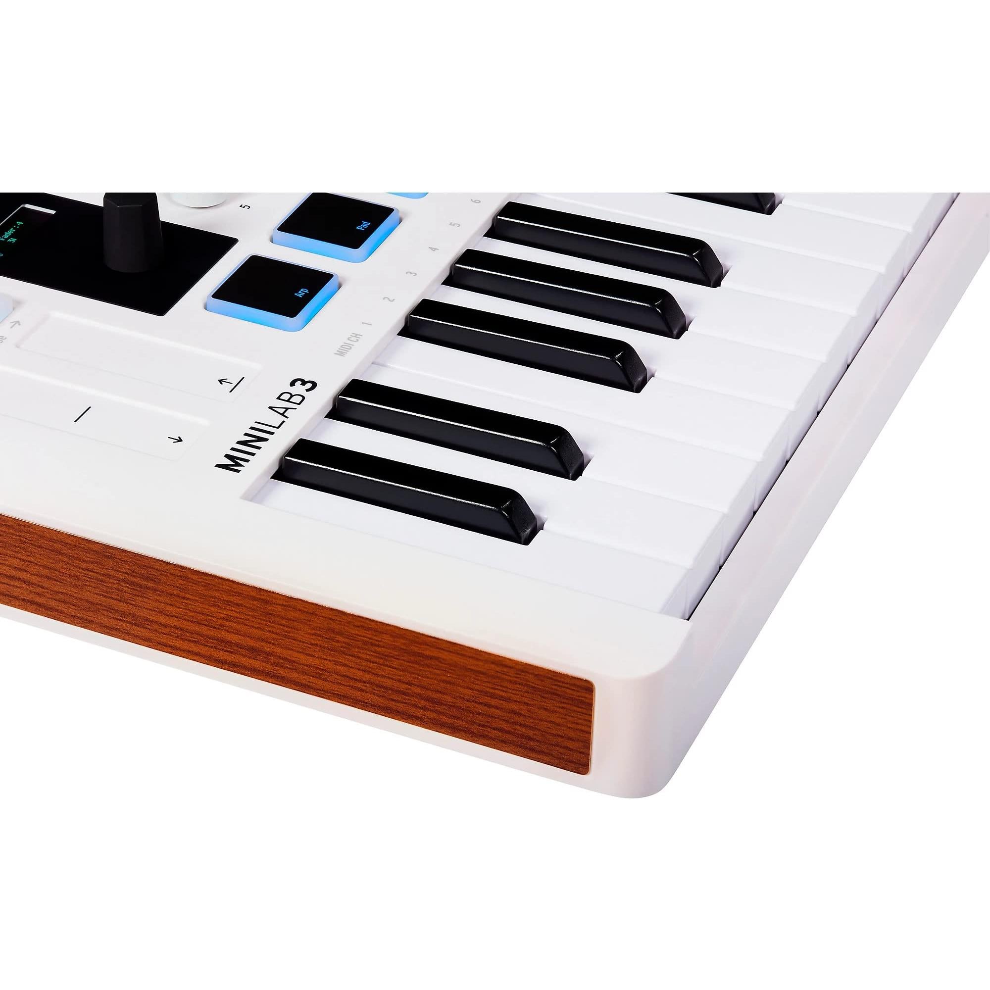 Arturia MiniLab 3 Portable MIDI Keyboard Controller with Pig Hog MIDI Cable & Polishing Cloth - 25 Key MIDI Controller, White Mini Keyboard for Recording Studio, Music Equipment with Software Included